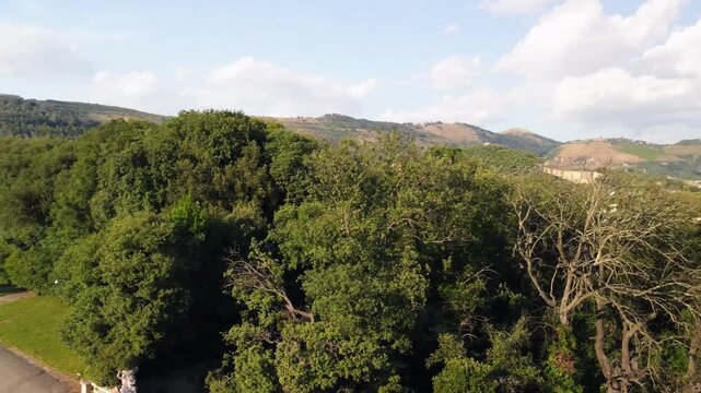 Aerial drone view of Royal Palace of Caserta and vast surrounding gardens in summer