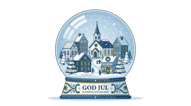 Christmas Snow Globe Village Scene with "God Jul" Greeting
