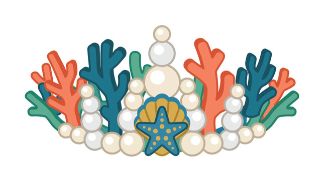 Mermaid crown illustration featuring vibrant corals shells and elegant pearls for magical underwater themed decorations