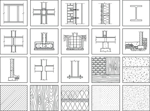 Architectural construction detail vector set. CAD section blocks, steel connections, foundation details, beam junctions and material hatch patterns for blueprint drafting and engineering drawings