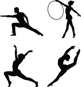 Set of silhouettes of gymnasts and dancers performing various poses.