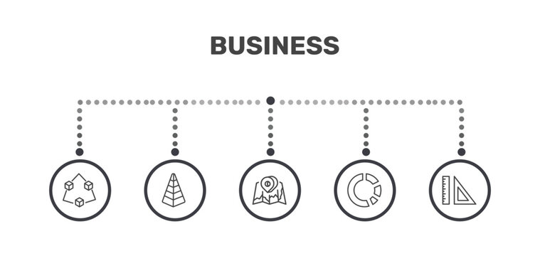 business icon set with connection box chart, stats pyramid, pie chart statistics, maths tool signs in flat outline style
