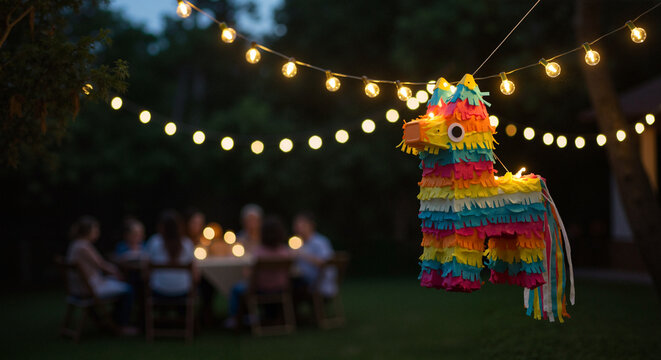 Colorful pi&ntilde;ata hanging under string lights at outdoor party  