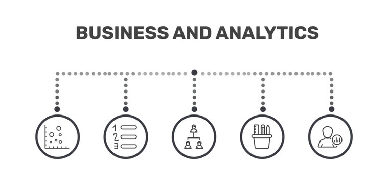 business and analytics icon set with scatter chart, numbered information, supplies, user stats signs in flat outline style