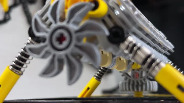 Low angle shot of Lego Technic internal combustion engine model with spinning fan and gears