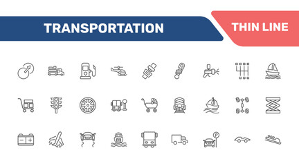 Obraz premium transportation icon set with transition, loaded truck side view, petrol station, lifter signs in flat outline style