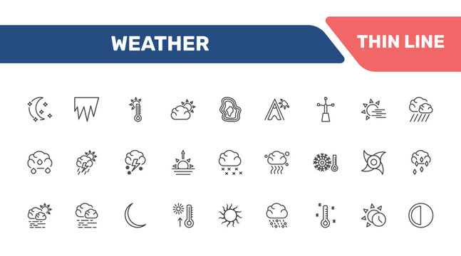 weather icon set with starry night, icy, hot, ice pellets signs in flat outline style