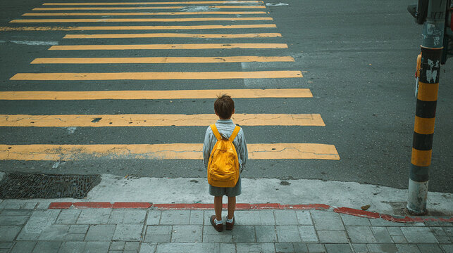 Child waits at a crosswalk in the city with a yellow backpack during daytime