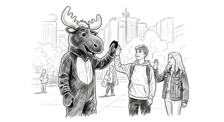 Fototapeta premium Friendly Moose Mascot Greeting People in Urban Setting Sketch.