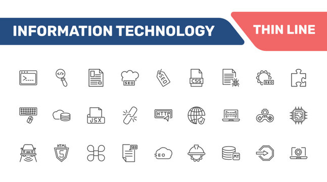 information technology icon set with code terminal, code review, article, hardware signs in flat outline style
