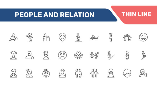 people and relation icon set with sweeping person, cooker with tray, carpenter working, downstairs signs in flat outline style