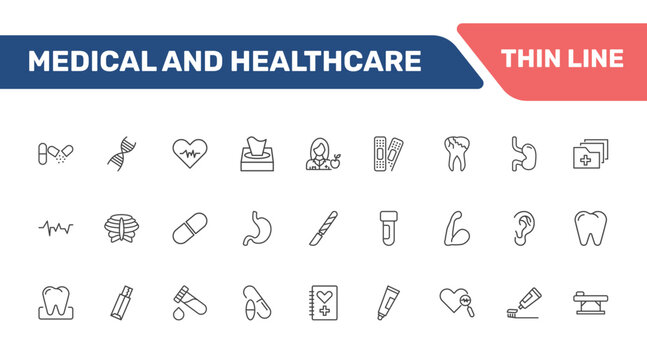 medical and healthcare icon set with antibiotic, medical chain of dna, diagtic, premolar signs in flat outline style