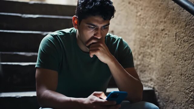 Depressed young man on stairs looking at smartphone in despair