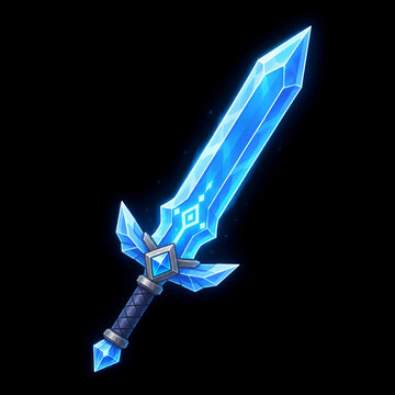 A fantasy-style digital illustration (game art) featuring a magical sword of ice or crystal elements. The sword is depicted diagonally with a blue glowing effect.