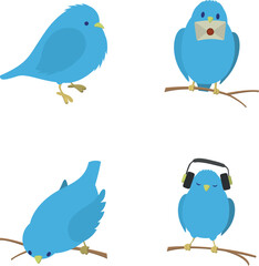 Fototapeta premium Blue bird character cartoon set illustrating various actions related to social media and communication