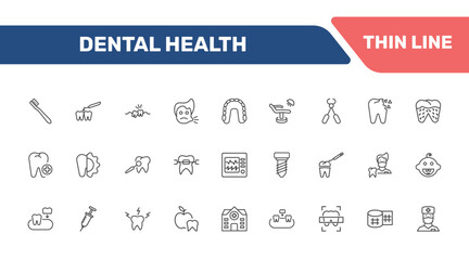 dental health icon set with toothbrushes, interproximal, wisdom tooth, baby dental signs in flat outline style © Abstract