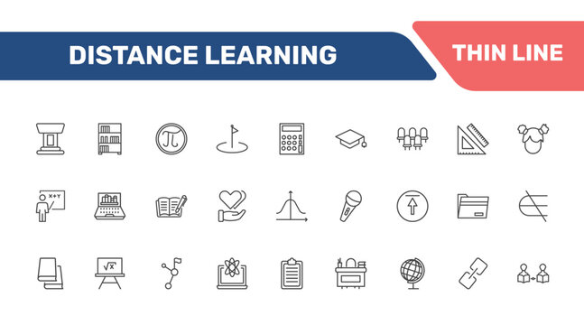 distance learning icon set with classroom tribune, bookshelf with books, pi, is not an element of signs in flat outline style