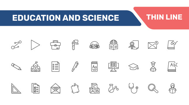 education and science icon set with molecular bond, right triangle, case, 3d dictionary signs in flat outline style