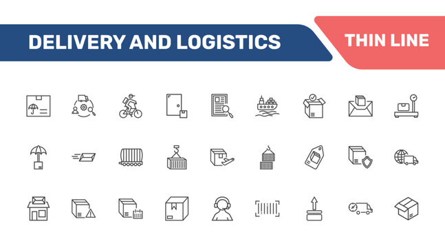 delivery and logistics icon set with logistic protection, supply chain, delivery by bike, worldwide delivery signs in flat outline style