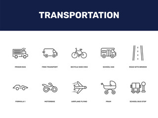 Obraz premium transportation icon set with prison bus, free transport, bicycle side view, school van signs in flat outline style