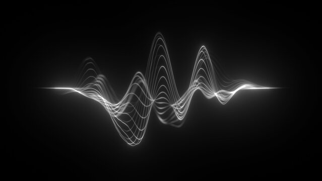 White sound wave frequency, monochrome neon audio waveform graph, futuristic sound visualizer, equalizer HUD interface, music wave display, black space background, subtle glowing lines, minimal tech