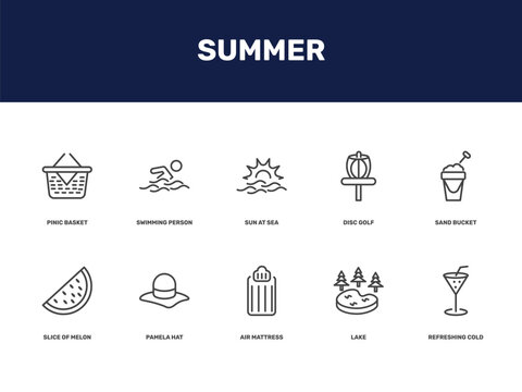 summer icon set with pinic basket, swimming person, sun at sea, disc golf signs in flat outline style