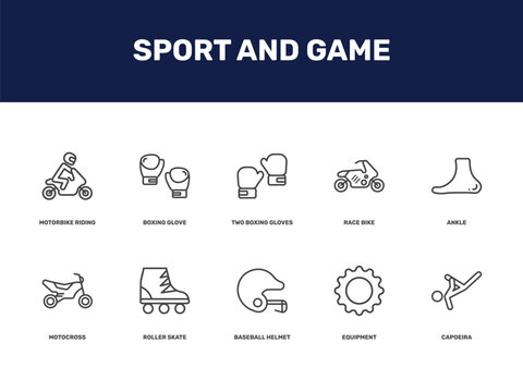 sport and game icon set with motorbike riding, boxing glove, two boxing gloves, race bike signs in flat outline style