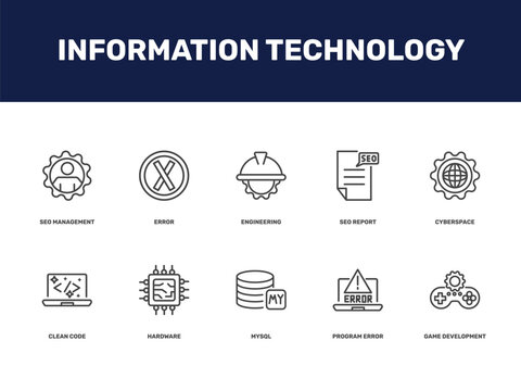 information technology icon set with seo management, error, engineering, seo report signs in flat outline style