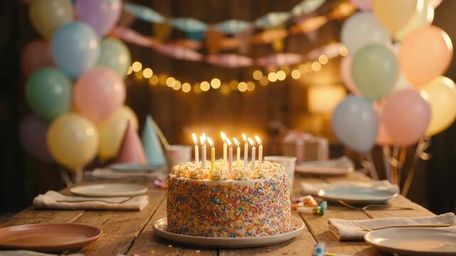 Birthday cake with burning candles on wooden table. Festive background with colorful balloons and party decorations. Slow zoom-in on sweet celebration dessert