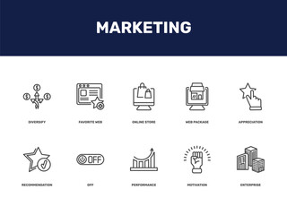 marketing icon set with diversify, favorite web, online store, web package signs in flat outline style © Abstract