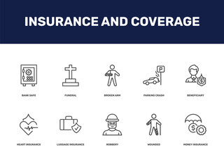 Fototapeta premium insurance and coverage icon set with bank safe, funeral, broken arm, parking crash signs in flat outline style