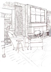 Fototapeta premium Hand drawn black and white interior sketch of a lounge in pen and ink.