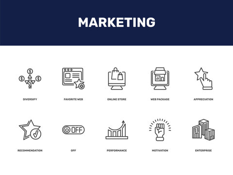 marketing icon set with diversify, favorite web, online store, web package signs in flat outline style