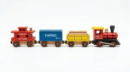 Naklejka premium A toy train set with a red engine, a blue cargo car, a yellow flatbed car, and a red caboose, all on a white background