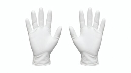 Fototapeta premium A pair of white disposable latex gloves on hands, ready for use. These gloves are commonly used in medical, laboratory, or cleaning settings to protect the wearer and prevent contamination