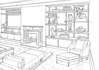 Fototapeta premium Hand drawn black and white interior sketch of a lounge in pen and ink.