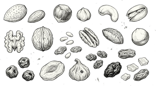 Hand Drawn Vintage Sketch Vector Illustration of Nut and Dried Fruit Mix Featuring Walnuts Almonds Cashews Pistachios Figs and Raisins for Organic Food Packaging Designs