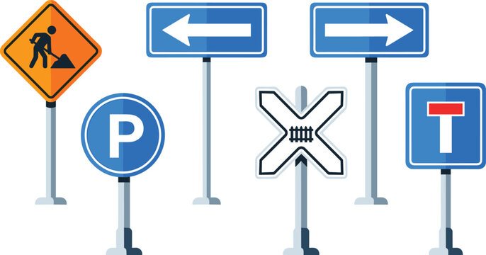 Comprehensive Road Traffic Sign Vector Set Featuring Under Construction Parking Zone Railway Crossing Directional Arrows and Dead End Symbols for Urban Infrastructure and Safety Navigation