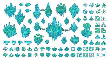 Fantasy Floating Islands & Elements Collection, Magical World Building Assets © beni