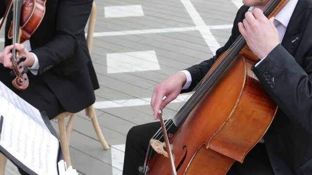 Professional cellist hands and string instrument close up at an outdoor wedding celebration