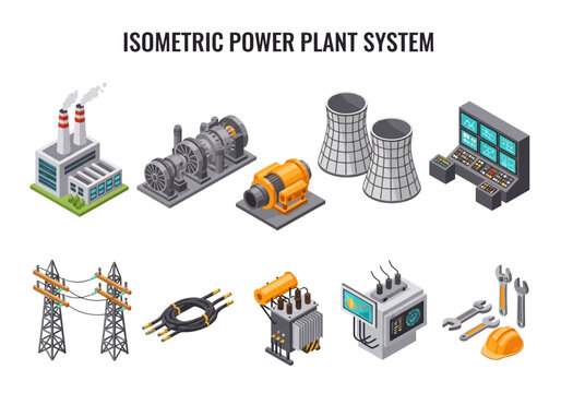 Isometric power plant system illustration with industrial components and electrical infrastructure