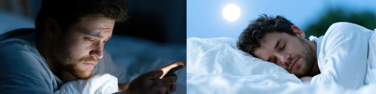 web banner with split-screen insomnia stress on left and peaceful sleep wellness scene on right, promoting sleep health