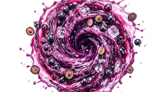 Top-down dynamic studio photography of an explosive liquid vortex swirl mixing rich dark purple blackcurrant juice and a&ccedil;ai berry blend.