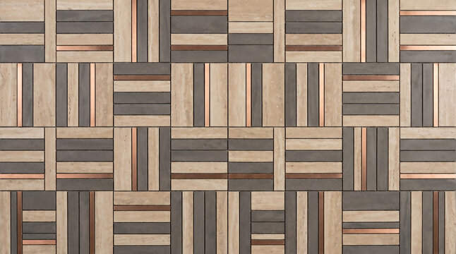 Travertine stone microcement and copper block mosaic backdrop