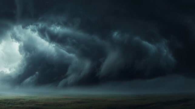 Dark and Dramatic Storm Clouds Gathering Over an Open Field Before a Heavy Rainfall in a Moody Atmospheric Landscape Scene