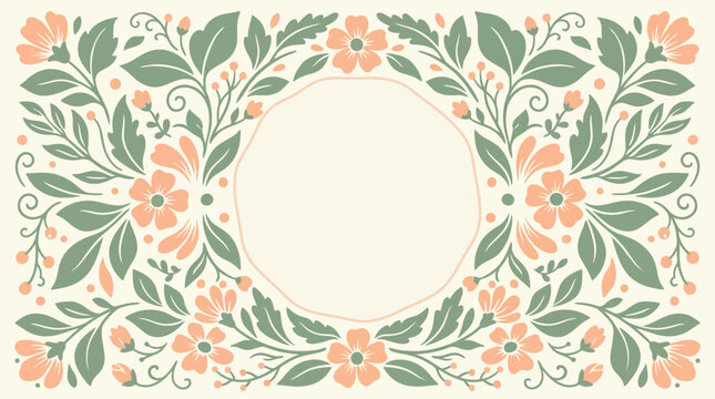 Elegant floral frame with a central space for text, adorned with delicate leaves and blossoms in soft peach and sage green hues