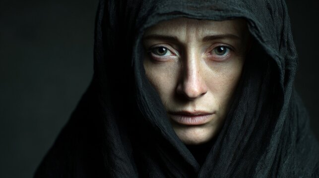 Mysterious Hooded Woman Portrait With Intense Emotional Expression