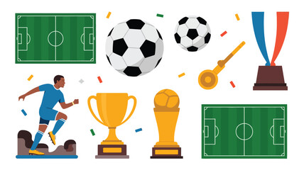 A colorful illustration of soccer elements balls trophies player and field © Outline Icon Set