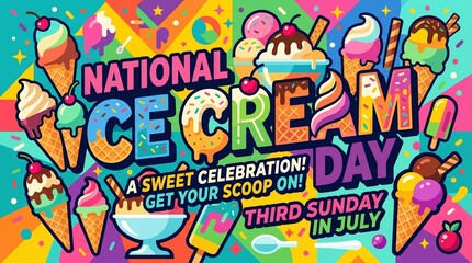 Fototapeta premium Colorful National Ice Cream Day celebration poster with ice cream cones and sundaes in vibrant fun lighting for social media