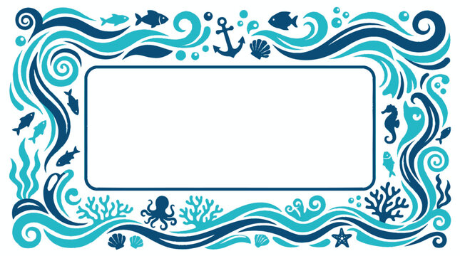 Decorative rectangular frame with a lively ocean theme, featuring playful marine life and dynamic wave patterns in shades of blue and teal
